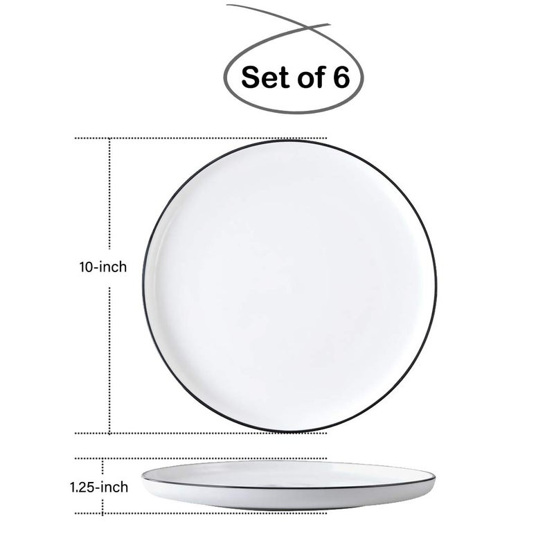 BonNoces 10 Inch Porcelain Dinner Plates, Elegant White with Black Edges Design, Classic Round Serving Plates Set for Steak, Pasta, and Salad, Set of 6 - Image 2